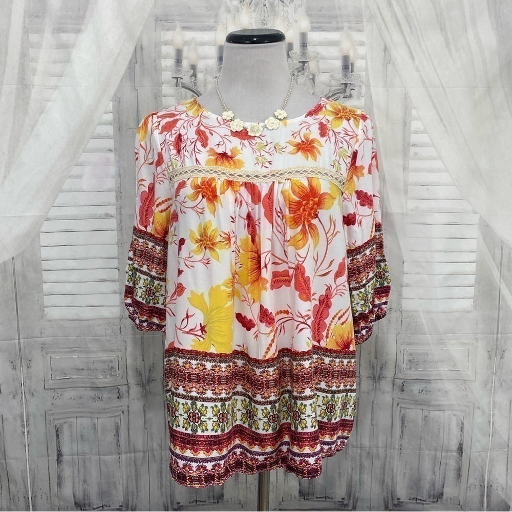 Figueroa &  Flower Petite Medium Floral yellow Red Boho Boxy Blouse Puff Sleeve